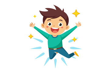 Joyful Leap: An animated boy leaps with unrestrained glee, his arms outstretched, radiating energy and excitement. A pure visual representation of happiness and child-like fun.