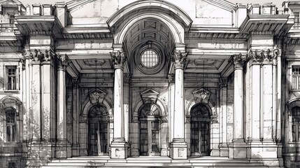 Hand drawn artistic architectural building sketch on white background