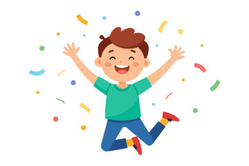 Joyful Little Boy's Celebration: A cheerful boy is filled with joy, arms raised, and confetti scattered. Celebrate childhood happiness, glee, and festivity. 