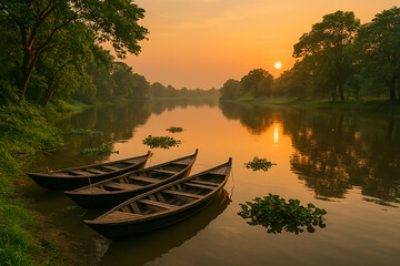 Fototapeta premium Peaceful Sunrise over a Serene River with Traditional Wooden Boats