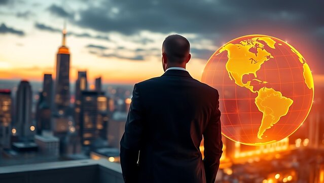 Businessman observing glowing globe and cityscape at sunset - Global strategy and business vision - International connectivity and planning - Powered by Adobe