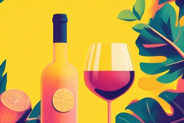 Vibrant tropical leaves frame refreshing wine bottle and glass summer beverage