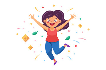 Joyful Leap: A young woman celebrates, captured in an animated style, with radiant energy and an aura of positivity and pure glee.