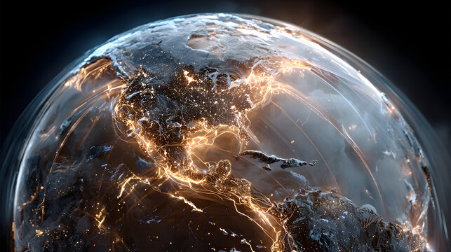 Futuristic Digital Globe with Network Grid and Data Streams Representing Global Connectivity and Technology Innovation