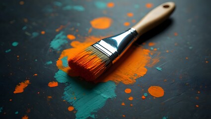 Fototapeta premium Paintbrush with vibrant orange and teal paint splatters on a dark surface