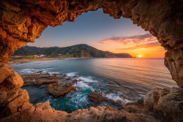 Sunrise vista through a cave opening overlooking a tranquil ocean