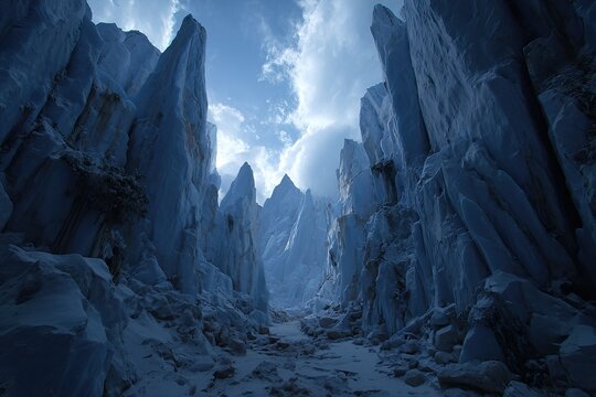 Glacial valley, icy peaks ascend, a dramatic vista