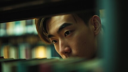 Young Asian man focused on reading a book in the university library during afternoon study session