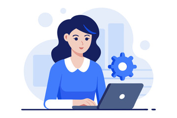 Woman Working on a Laptop with Gear Icon: An illustration depicts a woman working diligently on her laptop, complemented by a gear icon.