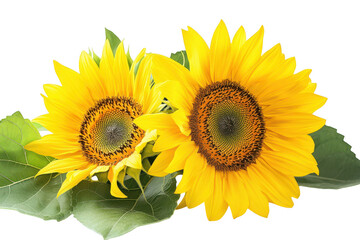 Naklejka premium Vibrant yellow sunflowers with green leaves displayed together isolated on transparent background