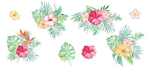 Bouquet of tropical flowers and leaves in watercolor style for summer designs