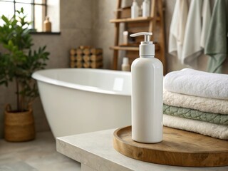 Fototapeta premium White pump bottle with stacked towels in bathroom dispenser liquid