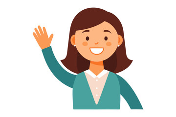 Friendly Salutation: This illustration showcases a cheerful woman, with a warm smile and raised hand in a gesture of greeting or farewell, exuding a sense of friendliness and approachability.