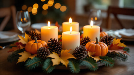 Autumn Table Centerpiece with Pumpkins and Candles