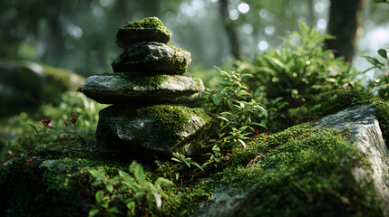 Zen stacked stones on nature background. Close up of Rock balance, zen stack stones, Stones stack on the nature background, Zen rocks for meditation