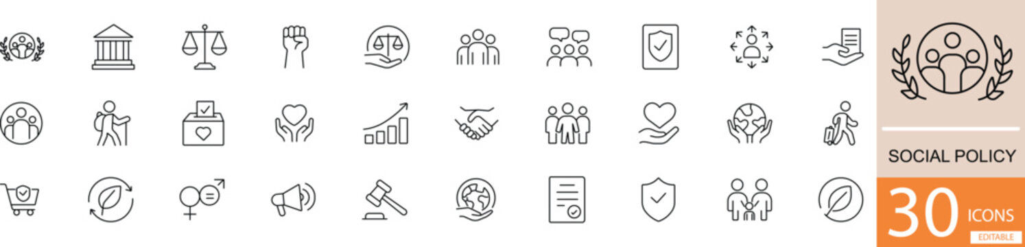  Minimal black line icons representing key elements of social policy such as welfare, equality, public services, education, health, and social justice. Ideal for NGOs, government, and awareness campai