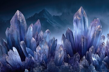 Mystical crystal formations against a mountain backdrop