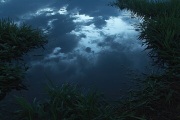 Obraz premium Cloudy sky reflected in still water, framed by foliage
