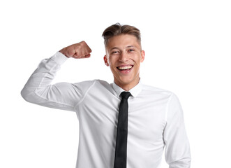 Strength. Happy businessman showing his biceps on white background