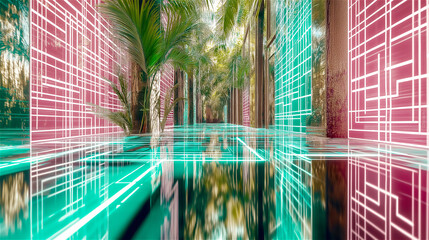 Tropical poolside scene with vibrant neon lights reflecting on glossy tiles and palm shadows. Modern architectural background with rich colors and room for copy space.