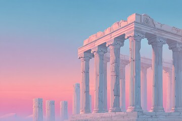 Obraz premium Illustration of ancient ruins of a greek temple at sunset with pastel colors, creating a dreamy and aesthetic atmosphere 4k