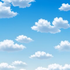 Fototapeta premium Illustrated bright blue sky with fluffy white cumulus clouds on a clear sunny day. A cartoon-style weather background for graphic design.