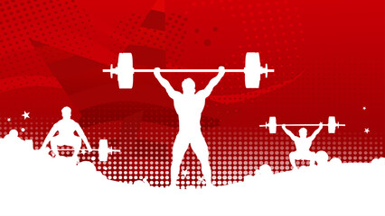 Weightlifting competition banner, red background with silhouette of athletes