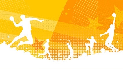 Orange sport background banner with handball, basketball, cricket and golf players silhouettes