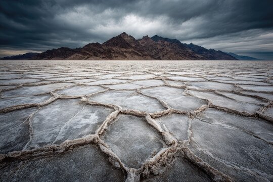 Vast, cracked salt flats under a stormy sky - Powered by Adobe