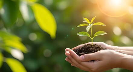 Close-Up of Hands Holding Small Plant in Soil  Sustainability and Growth Concept