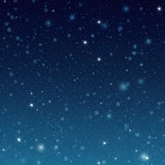 Fototapeta premium Magical winter night sky with sparkling stars and delicate falling snowflakes. Abstract celestial blue gradient background.