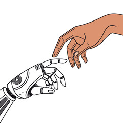 A human hand and a robot hand reaching out to touch fingers in a symbolic gesture of connection