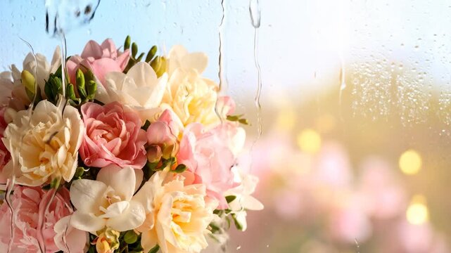 Elegant Bouquet of White Pink and Peach Roses and Freesia with Rain Droplets on Glass Window Bokeh Light in Soft Focus Studio Shot