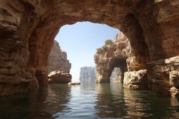 Sun-drenched rocky archway over calm water