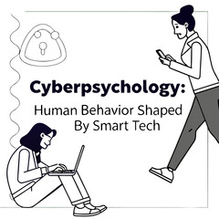 Cyberpsychology concept with a person working on a laptop and abstract human figures representing online interaction