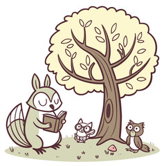 Cute cartoon raccoon reading a book to a baby owl and a tiny raccoon under a large tree