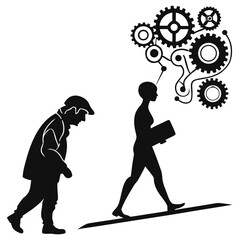 Human evolution from manual labor to intellectual pursuits represented by gears and technology