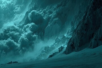 Vast teal clouds engulfing icy peaks