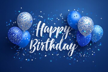 Illustration of festive happy birthday background with blue balloons and confetti for a special celebration 4k