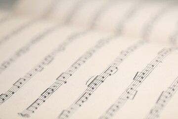 Fototapeta premium Sheets with musical notes as background, closeup