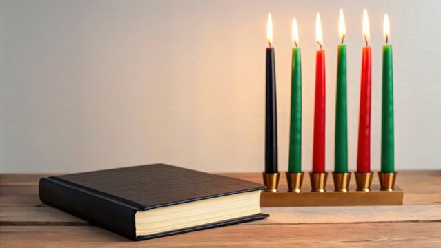 A book and a menorah with colored candles are displayed on a wooden surface against a neutral background.