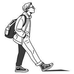 Stylish young person with glasses and backpack walking confidently with hands in pockets