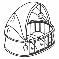 Stylized black and white illustration of a baby bassinet with a canopy and skull mobile