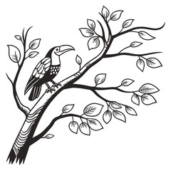 Stylized black and white illustration of a toucan perched on a leafy tree branch
