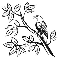Naklejka premium Stylized black and white illustration of a majestic eagle perched on a tree branch with leaves