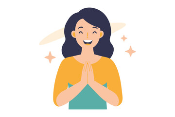 Illustration of a Joyful Woman: A charming illustration depicts a woman radiating happiness, her hands clasped in a gesture of gratitude and serenity.