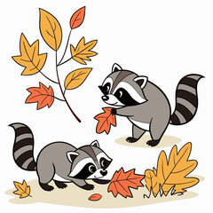Two adorable cartoon raccoons playing with colorful autumn leaves in a whimsical forest setting