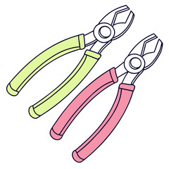 Two brightly colored wire cutters one light green and one pink isolated on a black background