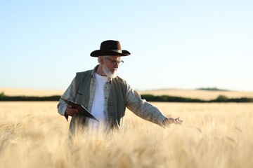 Senior farmer with clipboard in field of ripe wheat outdoors