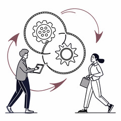 Two people interacting with interconnected gears and circular arrows representing collaboration and workflow
